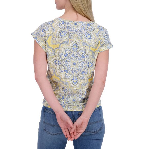 2/$30 Lucky Brand Twist Front Medallion Print Tee Cap Sleeve Mustard Large #BAG2 - Picture 6 of 11